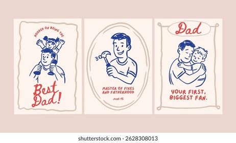 Happy Father's Day Dad Greeting Doodle Vintage Sketch Card Set. Holiday Vector Chalk Hug Handyman Poster From Son Daughter Family