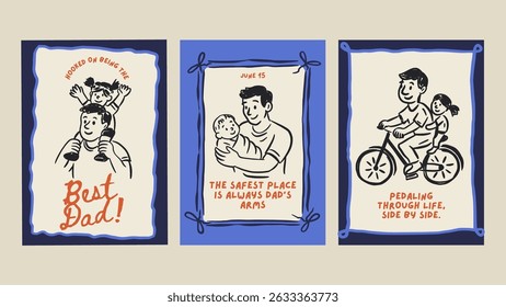 Happy Father's Day Dad Greeting Doodle Vintage Sketch Card Set. Holiday Vector Chalk Baby Hug, Bicycle Ride Poster From Son Daughter Family
