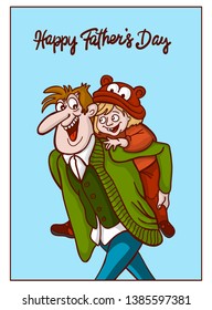 Happy Father's Day. Dad with his daughter in his arms. Greeting card for the holiday. Vector illustration in cartoon style