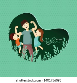 Happy Father's Day. Dad with his son and daughter hanging on his arms.Greeting card,banner or poster for Father's Day.Vector illustration in cartoon style - Vector