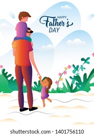 Happy Father's Day. Dad with his son and daughter hanging on his arms.Greeting card,banner or poster for Father's Day.Vector illustration in cartoon style - Vector