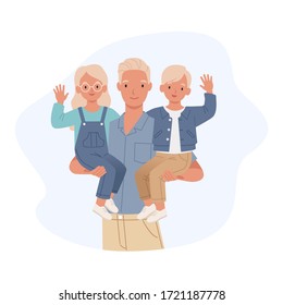 Happy father's day. Dad with his son and daughter in his arms. Vector illustration in a flat style