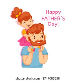 Happy Father's Day. Dad with his son and daughter in his arms. Greeting card for the holiday. Vector illustration in cartoon style. Isolated on white background. 