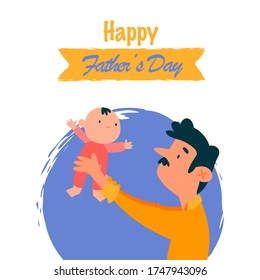 Happy Father's Day. Dad with his son and daughter in his arms. Greeting card for the holiday. Vector illustration in cartoon style. Isolated on white background. 