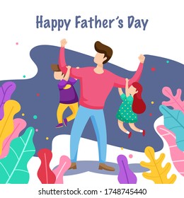 Happy Father's Day. Dad with his son and daughter in his arms. Greeting card for the holiday. Vector illustration in cartoon style. Isolated on white background. 