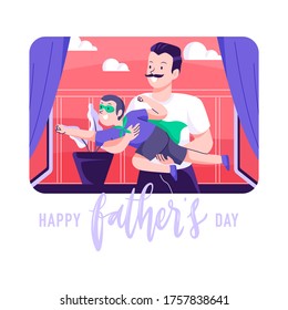 Happy Father's Day. Dad with his son and daughter in his arms. Greeting card for the holiday. Vector illustration in cartoon style. Isolated on white background. 