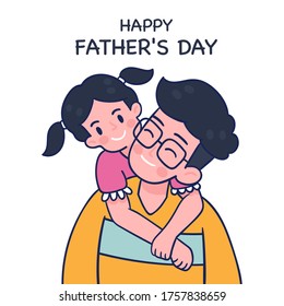 Happy Father's Day. Dad with his son and daughter in his arms. Greeting card for the holiday. Vector illustration in cartoon style. Isolated on white background. 