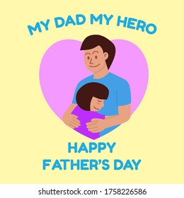 Happy Father's Day. Dad with his son hugging each other. Greeting card for the holiday. Vector illustration in cartoon style