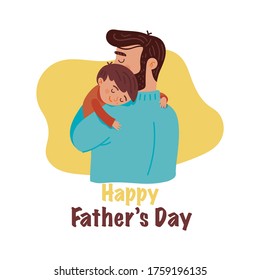 Happy Father's Day. Dad with his son and daughter in his arms. Greeting card for the holiday. Vector illustration in cartoon style. Isolated on white background. 