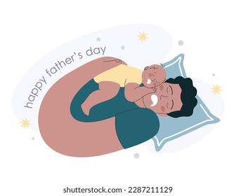 Happy Father's Day. Dad and his newborn child sleeping together. Fatherhood happiness and positive parenting. Family communication and happiness. Flat vector illustration
