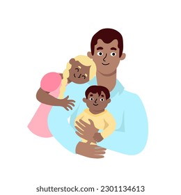 Happy Father's Day. Dad with his son and daughter in his arms. Greeting card for the holiday. Parent hugs kids. Warm relationship between parent and children. Vector illustration in flat cartoon style