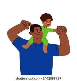 Happy Fathers Day. Dad with his son in his arms. Greeting card for the holiday. 
