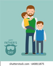 Happy Father's Day. Dad with his two sons. Greeting card or banner for the holiday. Happy cute family. Vector illustration in cartoon flat style