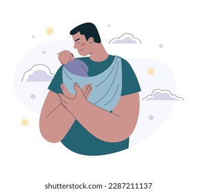 Happy Father's Day. Dad holding his sleeping newborn child in baby wraps carrier. Fatherhood happiness and positive parenting. Family communication and happiness. Flat vector illustration