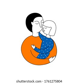 Happy Father's Day. Dad holds his daughter on his shoulders. Doodle vector illustration on a white background. It can be used for card, logo, sticker.