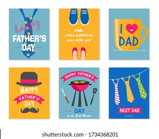 Happy Fathers Day, Dad Holiday Greeting, Celebration Posters Set. Can Be Used For Greeting And Invitation Cards. With Moustache, Tie, Hat, Cup, Grill. Layout Template Design In A4 Size, Vector 