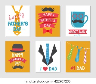 Happy Fathers Day, Dad holiday greeting, celebration posters set. Flat design. Can be used for greeting and invitation cards.  With moustache, tie, hat, cup, suit.  layout template in A4 size, vector 