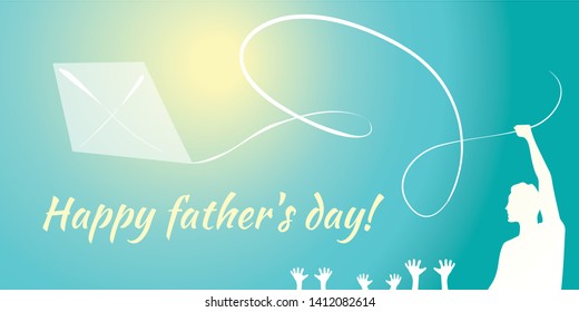 Happy father's day. Dad launches a kite with children, the silhouette of a man and the hands of children. Airborne against the blue sky and the rays of the sun.