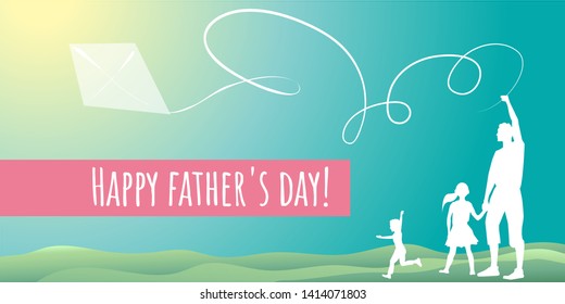 Happy father's day. Dad launches a kite with children.