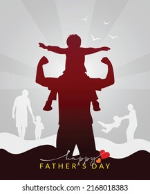 Happy Father's Day. Dad is like a big tree in the shade of which we are all free. My father is my hero. The baby is on the father's shoulder. Grey background. Father and son play. Vector illustration.
