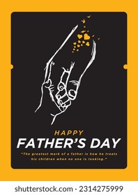 Happy Father's Day. Dad is like a big tree in the shade of which we are all free. My father is my hero. Dad and the kids are playing. Yellow background silhouette hand. Vector Illustration art.