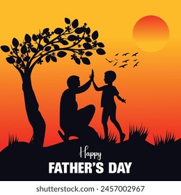 Happy Father's Day. Dad is like a big tree in the shade of which we are all free. My father is my hero. Dad and the kids are playing. Yellow background silhouette man. Vector Illustration art.