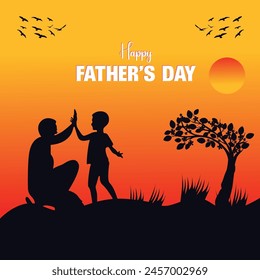 Happy Father's Day. Dad is like a big tree in the shade of which we are all free. My father is my hero. Dad and the kids are playing. Yellow background silhouette man. Vector Illustration art.