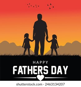 Happy Father's Day. Dad is like a big tree in the shade of which we are all free. My father is my hero. Dad and the kids are playing. Yellow background silhouette man. Vector Illustration art.