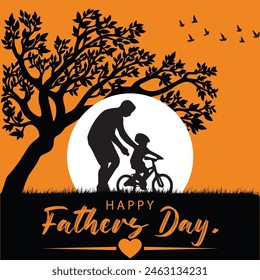 Happy Father's Day. Dad is like a big tree in the shade of which we are all free. My father is my hero. Dad and the kids are playing. Yellow background silhouette man. Vector Illustration art.