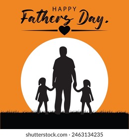 Happy Father's Day. Dad is like a big tree in the shade of which we are all free. My father is my hero. Dad and the kids are playing. Yellow background silhouette man. Vector Illustration art.