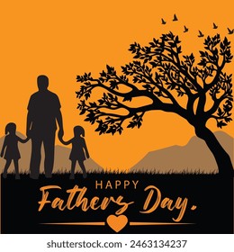 Happy Father's Day. Dad is like a big tree in the shade of which we are all free. My father is my hero. Dad and the kids are playing. Yellow background silhouette man. Vector Illustration art.