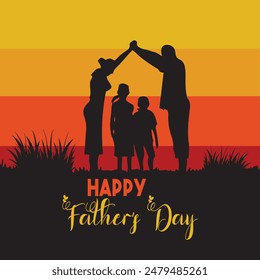 Happy Father's Day. Dad is like a big tree in the shade of which we are all free. My father is my hero. Dad and the kids are playing. Yellow background silhouette man. Vector Illustration art.