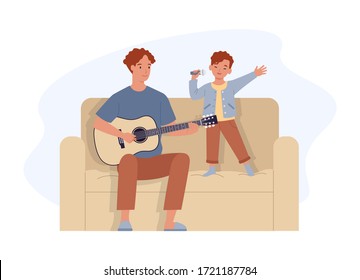 Happy Father's Day. Dad Playing Guitar And Sing With Son. Father And His Little Kid Having Good Time Together. Vector Illustration In A Flat Style