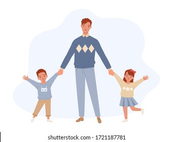 Happy Father's Day. Dad, son and daughter holding hands. Father and his children having good time together. Happy family. Vector illustration in a flat style