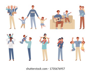 Happy Father's Day. Dad, Son And Daughter Having Good Time Together. Fatherhood And Children Characters Set.  Vector Illustration In A Flat Style