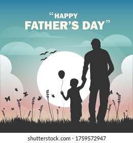 Happy father's day, dad and son beautiful silhouette sunset scene poster, vector illustration 