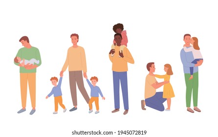 Happy Father's Day. Dad, son and daughter are together and happy. A set of parent and child characters, full-length figures isolated on white. Cute vector illustration in flat style