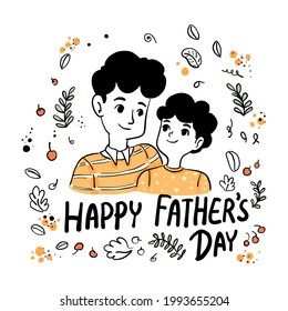 Happy Father's Day Dad and Son wear orange color t-shirt isolated in floral frame on white background. Vector flat illustration