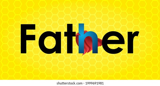 Happy father's day dad and son in hero, sale promotion poster or banner design calligraphy greeting card for advertising. "FATHER" text in superhero costume on yellow background vector illustration