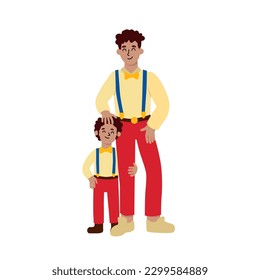 Happy fathers day. Dad and son in the same costumes. Boy hugs daddys leg. Lovely characters in cartoon flat style. Relationship between child and parent