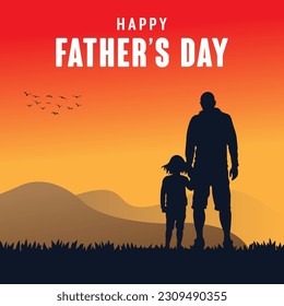 Feliz día del padre, papá e hijo hermosos diseños de afiches de la escena de la puesta de sol de la silueta.