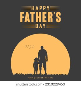 Happy fathers day, dad and son beautiful silhouette sunset scene poster design.