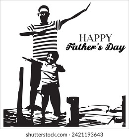 Happy fathers day, dad and son beautiful silhouette sunset scene poster design.