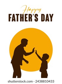 Happy Fathers day dad and son beautiful silhouette sunset scene poster design vector illustration.