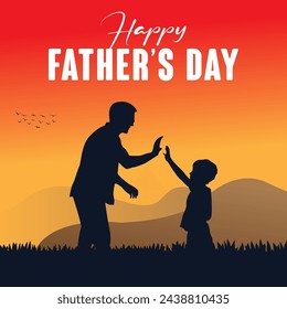 Happy Fathers day dad and son beautiful silhouette sunset scene poster design vector illustration.