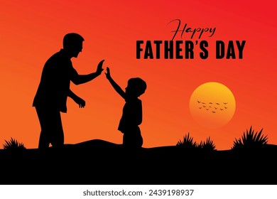 Happy Fathers day dad and son beautiful silhouette sunset scene poster design vector illustration.