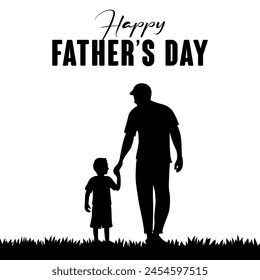 Happy Fathers day dad and son beautiful silhouette sunset scene poster design vector.