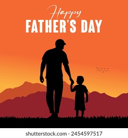 Happy Fathers day dad and son beautiful silhouette sunset scene poster design vector.