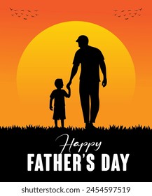 Happy Fathers day dad and son beautiful silhouette sunset scene poster design vector.
