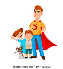 Happy Father's day. Dad in superhero costume stands with his son and daughter. Cheerful cartoon characters. Vector illustration on white background